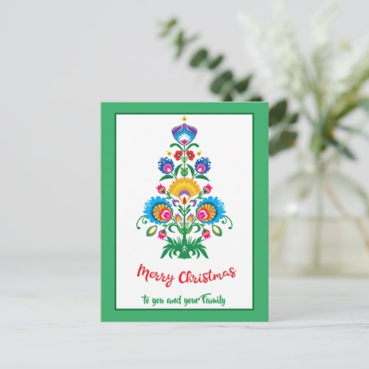 🎄 Weihnachtsbaum Folklore grün Feiertag Postkarte (Stehend Vorderseite)