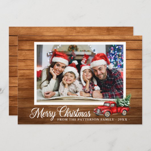 Weihnachtsbaum Foto Roter LKW Rustikales Holz 2 Se Karte (Vorne/Hinten)