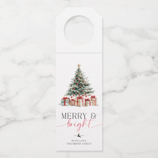 Weihnachtsbaum fröhlich und hell Geschenk Flaschenanhänger (Vorderseite)