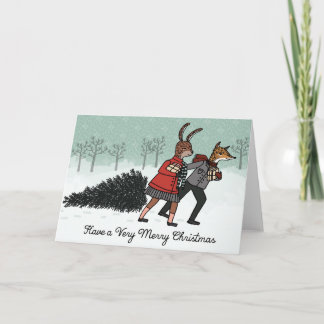 Weihnachtsbaum - Fuchs und Hase bringen den Baum n Feiertagskarte