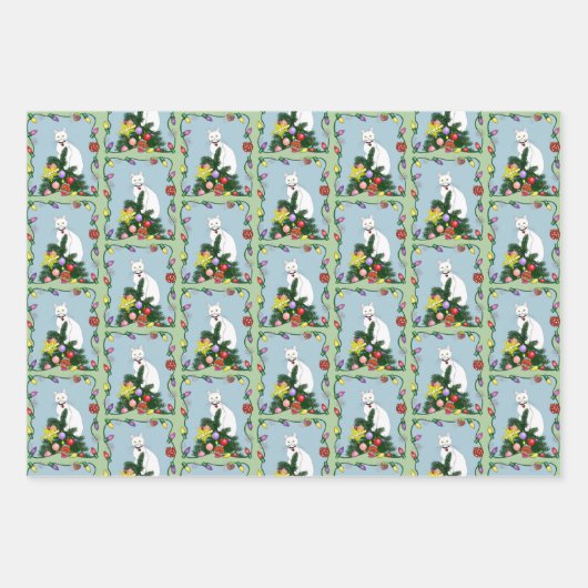 Weihnachtsbaum Funny White Cat Geschenkpapier Set (Vorderseite)