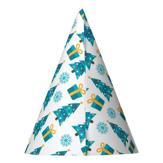 Weihnachtsbaum Geschenk Muster Blau Gelb | Feierta Partyhütchen (Rückseite)