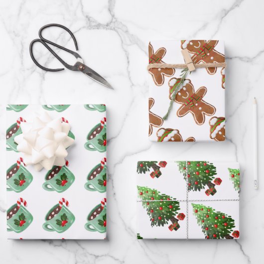 Weihnachtsbaum Gingerbread Mann Hot Cocoa Urlaub Geschenkpapier Set (Vorderseite)