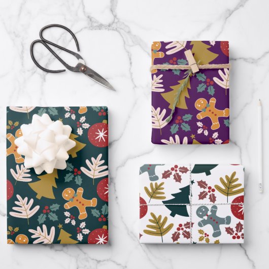 Weihnachtsbaum Gingerbread Männer & Weihnachtsbell Geschenkpapier Set (Vorderseite)