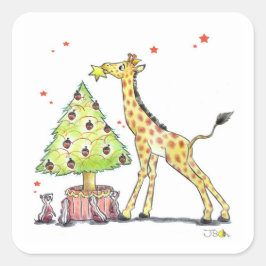 Weihnachtsbaum & Giraffe Quadratischer Aufkleber