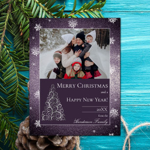 Weihnachtsbaum Glitter und Schneeflocken   Violett Feiertagskarte
