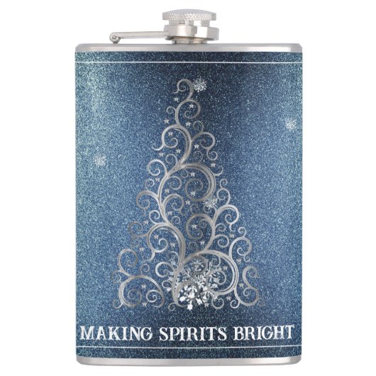 Weihnachtsbaum Glitzer und Schneeflocken | Blau Flachmann (Vorderseite)