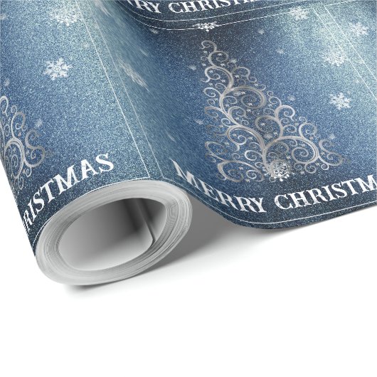 Weihnachtsbaum Glitzer und Schneeflocken | Blau Geschenkpapier (Rolleneckpunkt)