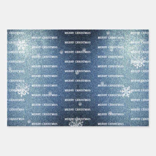 Weihnachtsbaum Glitzer und Schneeflocken | Blau Geschenkpapier Set (Vorderseite 3)