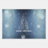 Weihnachtsbaum Glitzer und Schneeflocken | Blau Geschenkpapier Set (Vorderseite)