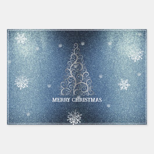 Weihnachtsbaum Glitzer und Schneeflocken | Blau Geschenkpapier Set (Vorderseite)