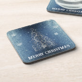 Weihnachtsbaum Glitzer und Schneeflocken | Blau Getränkeuntersetzer (Linke Seite)