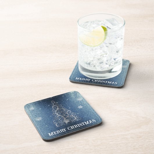Weihnachtsbaum Glitzer und Schneeflocken | Blau Getränkeuntersetzer (Rechte Seite)