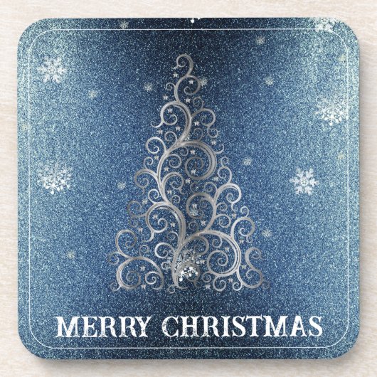 Weihnachtsbaum Glitzer und Schneeflocken | Blau Getränkeuntersetzer (Vorderseite)