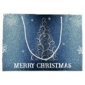 Weihnachtsbaum Glitzer und Schneeflocken | Blau Große Geschenktüte (Rückseite)