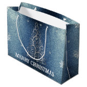 Weihnachtsbaum Glitzer und Schneeflocken | Blau Große Geschenktüte (Rückseite Schrägansicht)