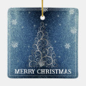 Weihnachtsbaum Glitzer und Schneeflocken | Blau Keramikornament (Rückseite)