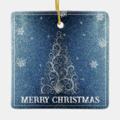 Weihnachtsbaum Glitzer und Schneeflocken | Blau Keramikornament (Vorderseite)