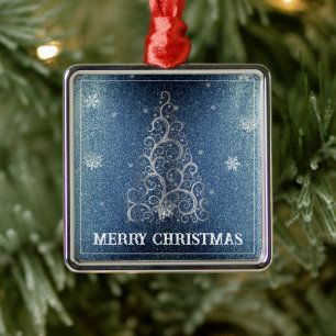 Weihnachtsbaum Glitzer und Schneeflocken Blau Ornament Aus Metall