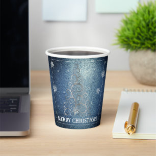 Weihnachtsbaum Glitzer und Schneeflocken Blau Pappbecher
