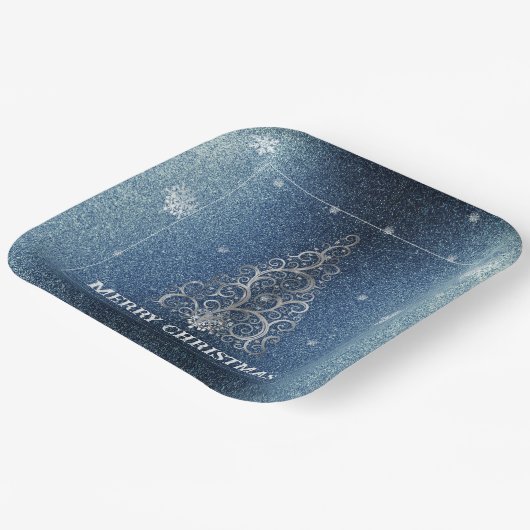 Weihnachtsbaum Glitzer und Schneeflocken | Blau Pappteller (Gewinkelt)