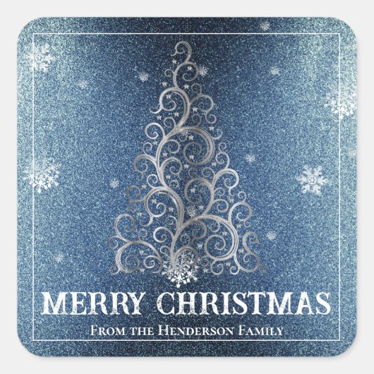 Weihnachtsbaum Glitzer und Schneeflocken | Blau Quadratischer Aufkleber (Vorderseite)