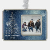 Weihnachtsbaum Glitzer und Schneeflocken | Blau Rahmen-Ornament Silber (Vorderseite)