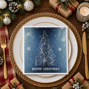 Weihnachtsbaum Glitzer und Schneeflocken   Blau Serviette