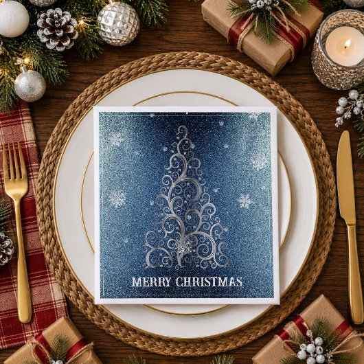 Weihnachtsbaum Glitzer und Schneeflocken | Blau Serviette