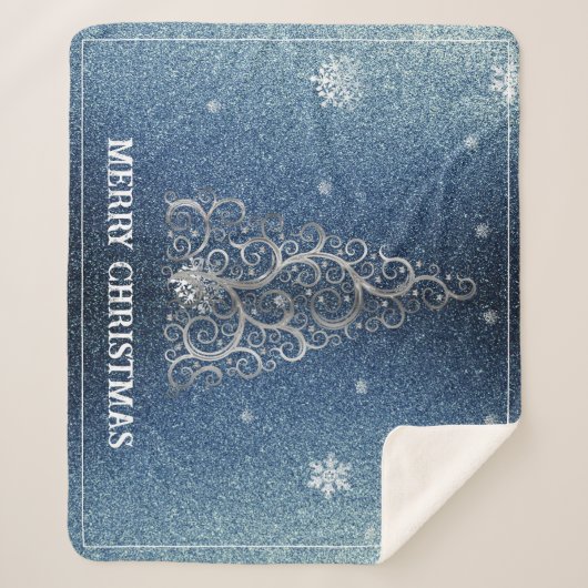 Weihnachtsbaum Glitzer und Schneeflocken | Blau Sherpadecke (Vorderseite)