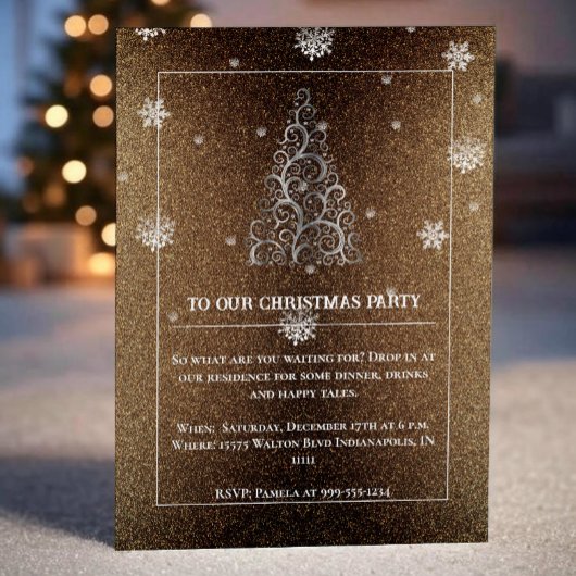 Weihnachtsbaum Glitzer und Schneeflocken | Gold Einladung