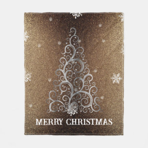 Weihnachtsbaum Glitzer und Schneeflocken Gold Fleecedecke