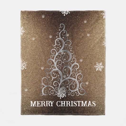 Weihnachtsbaum Glitzer und Schneeflocken | Gold Fleecedecke (Vorderseite)