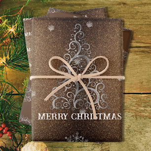 Weihnachtsbaum Glitzer und Schneeflocken   Gold Geschenkpapier Set