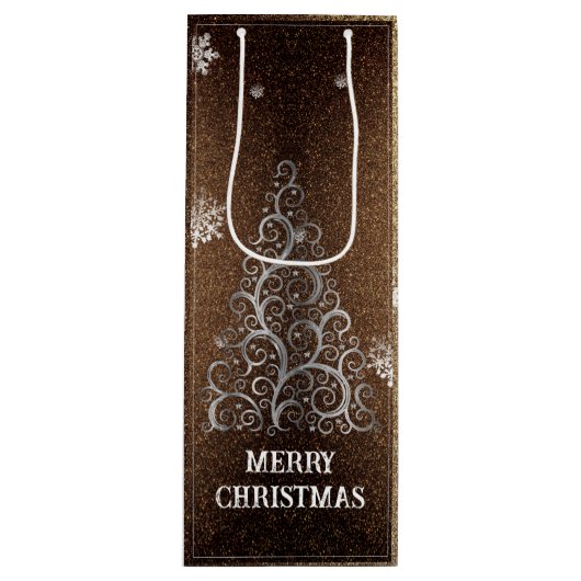 Weihnachtsbaum Glitzer und Schneeflocken | Gold Geschenktüte Für Weinflaschen (Vorderseite)