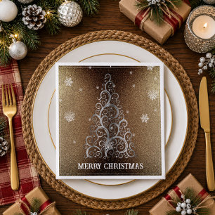 Weihnachtsbaum Glitzer und Schneeflocken   Gold Serviette