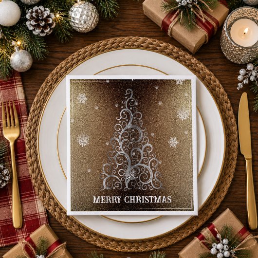 Weihnachtsbaum Glitzer und Schneeflocken | Gold Serviette