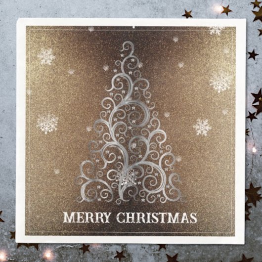 Weihnachtsbaum Glitzer und Schneeflocken | Gold Serviette