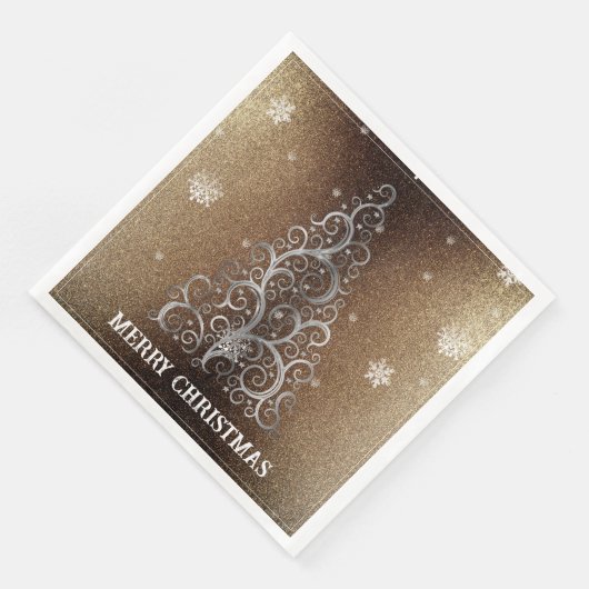 Weihnachtsbaum Glitzer und Schneeflocken | Gold Serviette (Ecke)