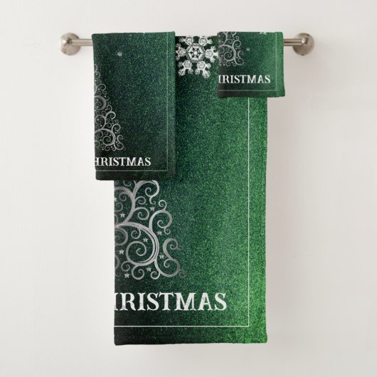Weihnachtsbaum Glitzer und Schneeflocken | Grün Badhandtuch Set (Insitu)