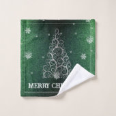 Weihnachtsbaum Glitzer und Schneeflocken | Grün Badhandtuch Set (Waschlappen)
