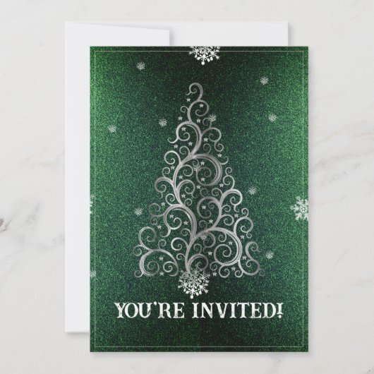 Weihnachtsbaum Glitzer und Schneeflocken | Grün Einladung (Vorderseite)