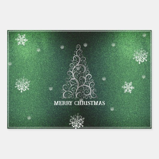 Weihnachtsbaum Glitzer und Schneeflocken | Grün Geschenkpapier Set (Vorderseite)