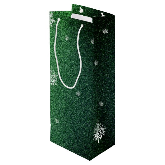 Weihnachtsbaum Glitzer und Schneeflocken | Grün Geschenktüte Für Weinflaschen (Rückseite Schrägansicht)