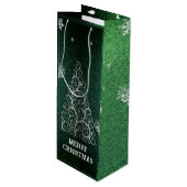 Weihnachtsbaum Glitzer und Schneeflocken | Grün Geschenktüte Für Weinflaschen (Vorderseite Schrägansicht)