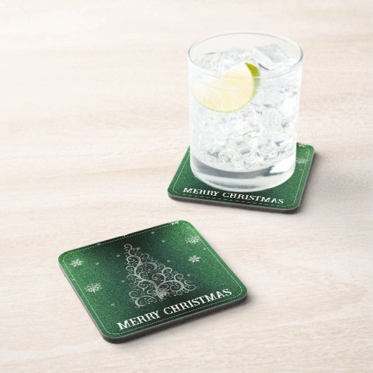 Weihnachtsbaum Glitzer und Schneeflocken | Grün Getränkeuntersetzer (Rechte Seite)