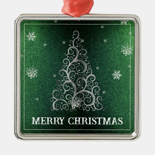 Weihnachtsbaum Glitzer und Schneeflocken | Grün Ornament Aus Metall (Vorne)