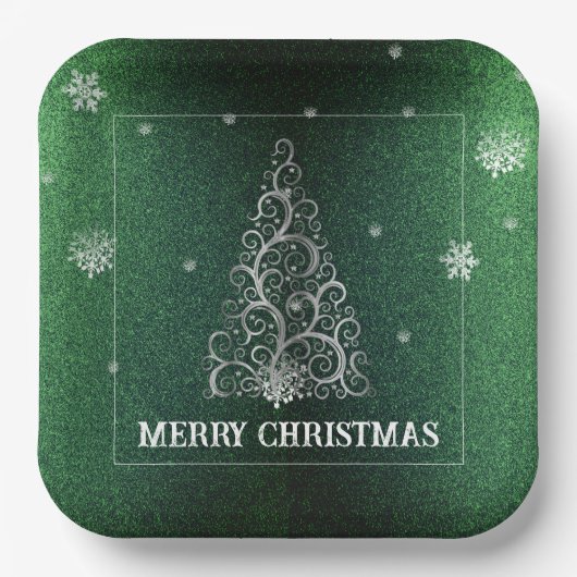 Weihnachtsbaum Glitzer und Schneeflocken | Grün Pappteller (Vorderseite)