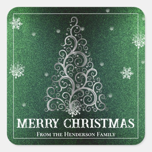 Weihnachtsbaum Glitzer und Schneeflocken | Grün Quadratischer Aufkleber (Vorderseite)