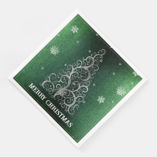 Weihnachtsbaum Glitzer und Schneeflocken | Grün Serviette (Ecke)